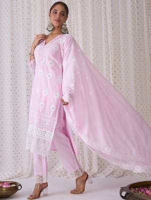 V Neck Floral Embroidered Pure Cotton Kurta with Trouser & Dupatta 1
