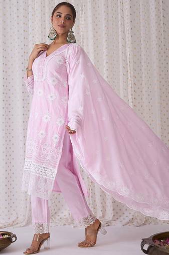 V Neck Floral Embroidered Pure Cotton Kurta with Trouser & Dupatta