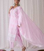 V Neck Floral Embroidered Pure Cotton Kurta with Trouser & Dupatta