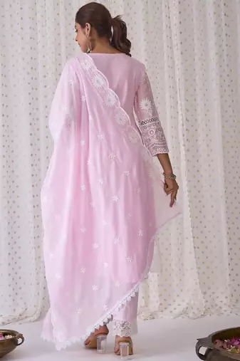 V Neck Floral Embroidered Pure Cotton Kurta with Trouser & Dupatta