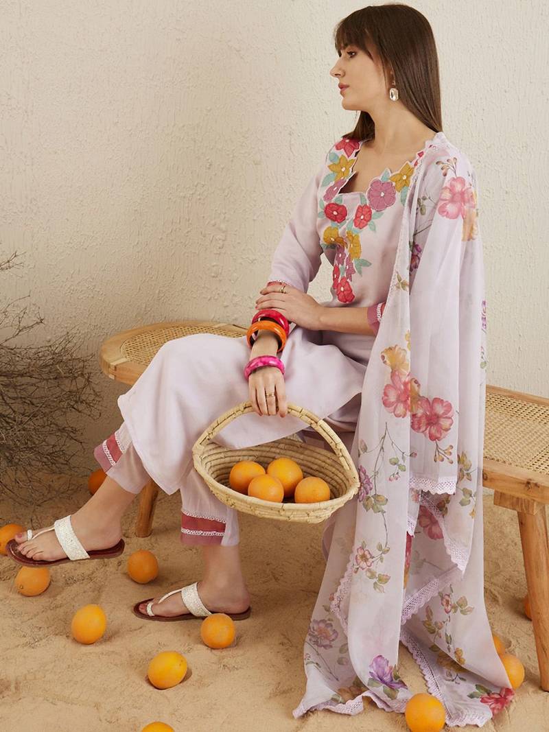 Floral Embroidered Regular Patchwork Kurta with Trousers & Dupatta