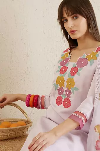 Floral Embroidered Regular Patchwork Kurta with Trousers & Dupatta