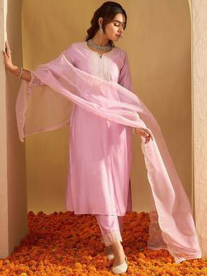 Floral Yoke Design Straight Sequinned Liva Kurta with Trousers & Dupatta 1