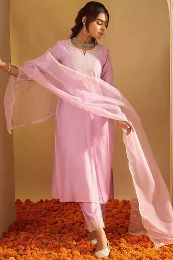 Floral Yoke Design Straight Sequinned Liva Kurta with Trousers & Dupatta