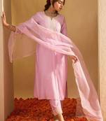 Floral Yoke Design Straight Sequinned Liva Kurta with Trousers & Dupatta