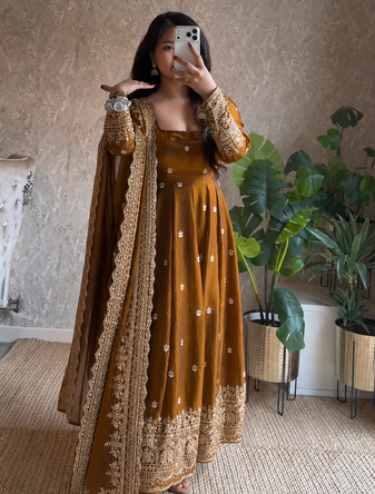 mustard yellow color sequin embroidery silk blend gown set