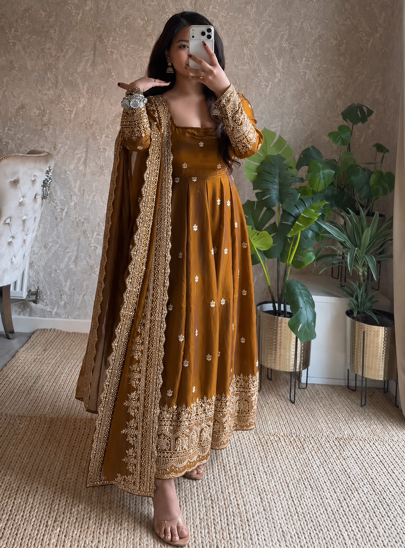 mustard yellow color sequin embroidery silk blend gown set