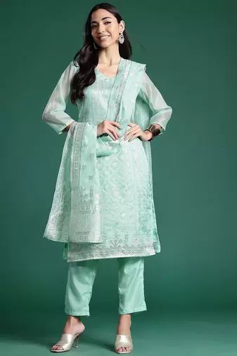 Women Regular Chanderi Silk Kurta with Trousers & With Dupatta