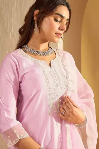 Floral Yoke Design Straight Sequinned Liva Kurta with Trousers & Dupatta