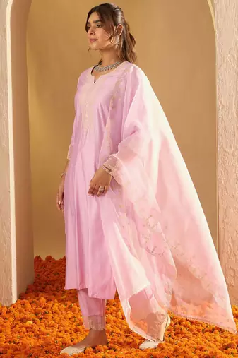 Floral Yoke Design Straight Sequinned Liva Kurta with Trousers & Dupatta
