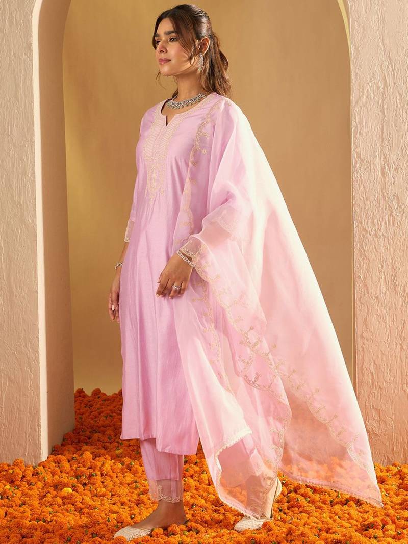Floral Yoke Design Straight Sequinned Liva Kurta with Trousers & Dupatta