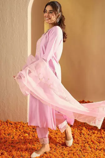 Floral Yoke Design Straight Sequinned Liva Kurta with Trousers & Dupatta