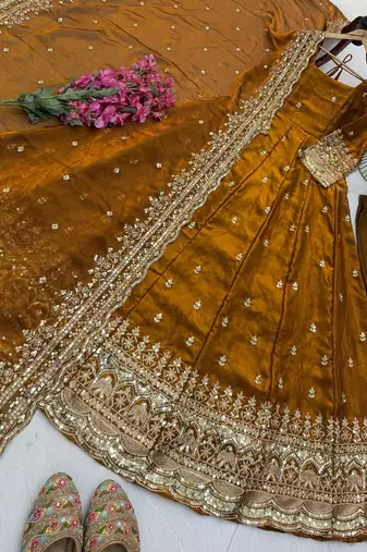 mustard yellow color sequin embroidery silk blend gown set