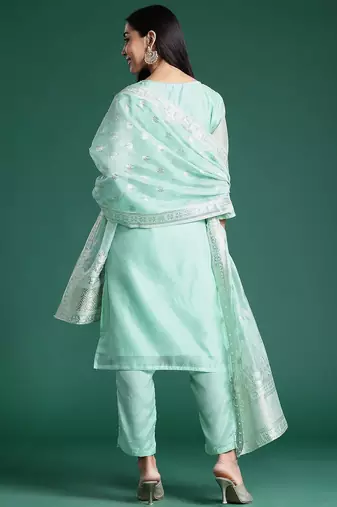 Women Regular Chanderi Silk Kurta with Trousers & With Dupatta