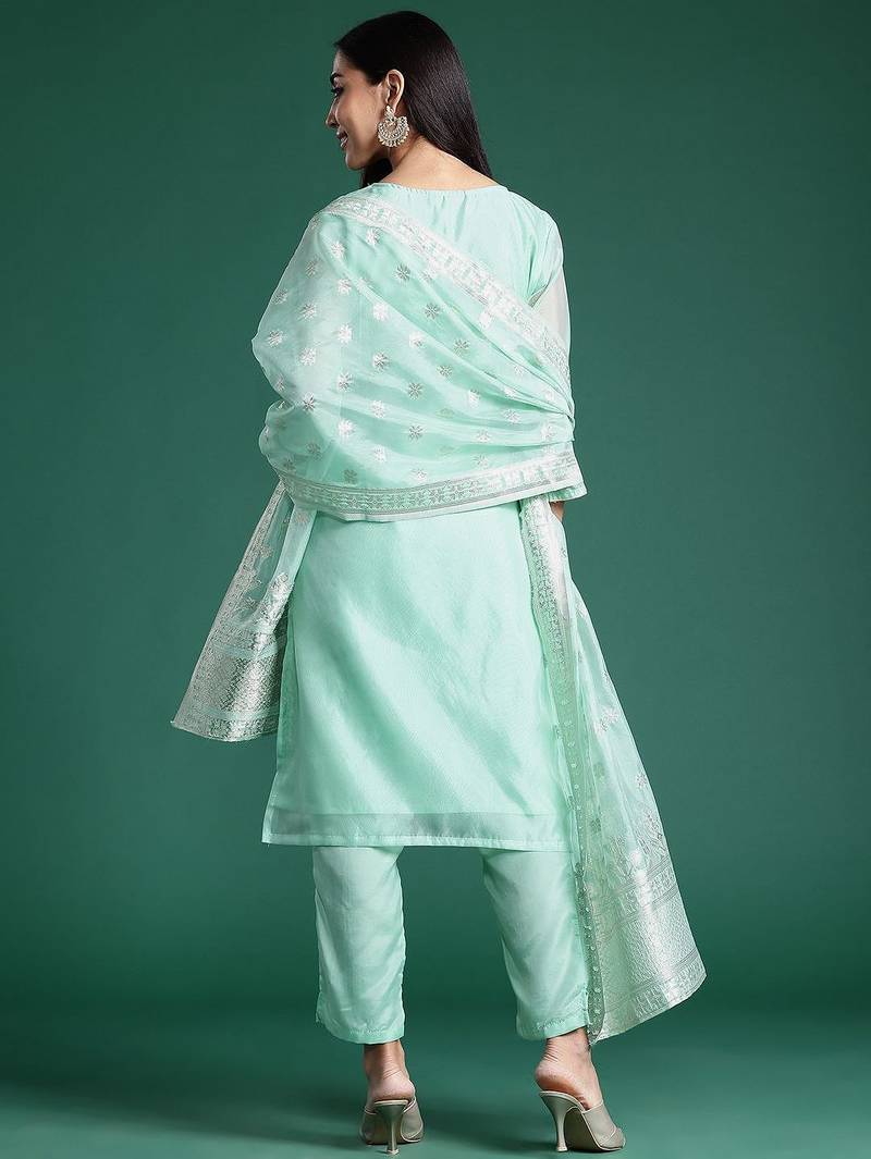 Women Regular Chanderi Silk Kurta with Trousers & With Dupatta