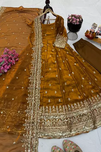 mustard yellow color sequin embroidery silk blend gown set