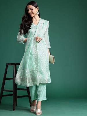 Women Regular Chanderi Silk Kurta with Trousers & With Dupatta 7