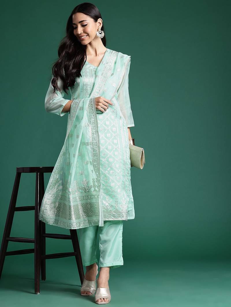 Women Regular Chanderi Silk Kurta with Trousers & With Dupatta