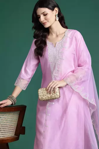 Ethnic Motifs Embroidered Thread Work Liva Kurta with Trousers & With Dupatta
