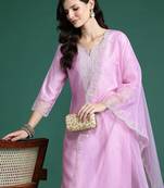Ethnic Motifs Embroidered Thread Work Liva Kurta with Trousers & With Dupatta