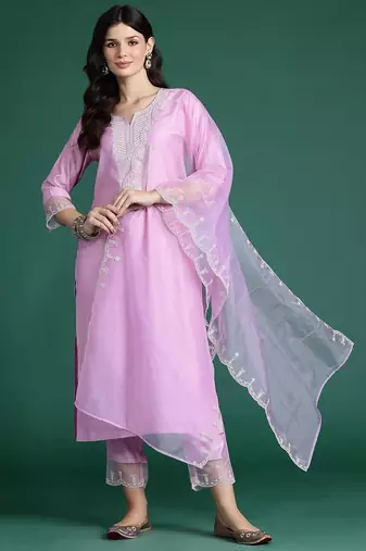 Ethnic Motifs Embroidered Thread Work Liva Kurta with Trousers & With Dupatta
