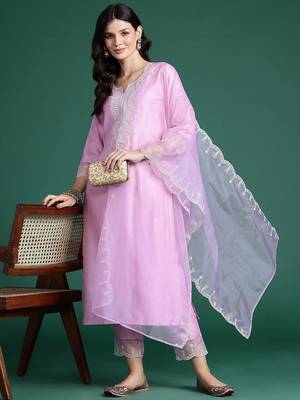 Ethnic Motifs Embroidered Thread Work Liva Kurta with Trousers & With Dupatta 8