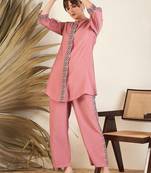 Pink Floral Printed Above Knee Shirt Collar Straight Kurta With Trouser