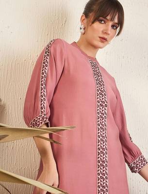 Pink Floral Printed Above Knee Shirt Collar Straight Kurta With Trouser 2