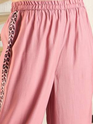 Pink Floral Printed Above Knee Shirt Collar Straight Kurta With Trouser 3