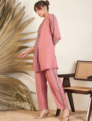 Pink Floral Printed Above Knee Shirt Collar Straight Kurta With Trouser 5