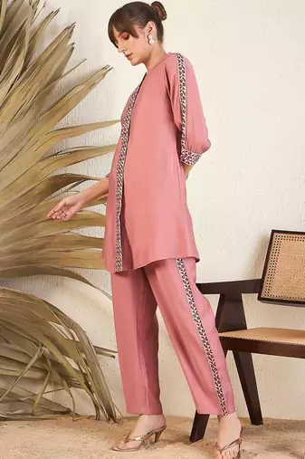 Pink Floral Printed Above Knee Shirt Collar Straight Kurta With Trouser