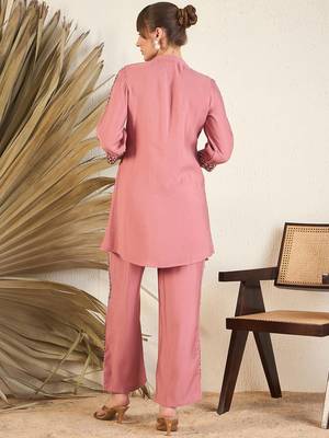 Pink Floral Printed Above Knee Shirt Collar Straight Kurta With Trouser 6
