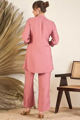 Pink Floral Printed Above Knee Shirt Collar Straight Kurta With Trouser