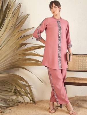 Pink Floral Printed Above Knee Shirt Collar Straight Kurta With Trouser 7