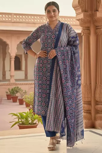 Women Ethnic Motifs Printed Pure Cotton Straight Kurta with Trousers & Dupatta