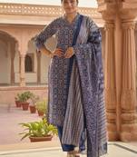 women ethnic motifs printed  cotton straight kurta with trousers & dupatta