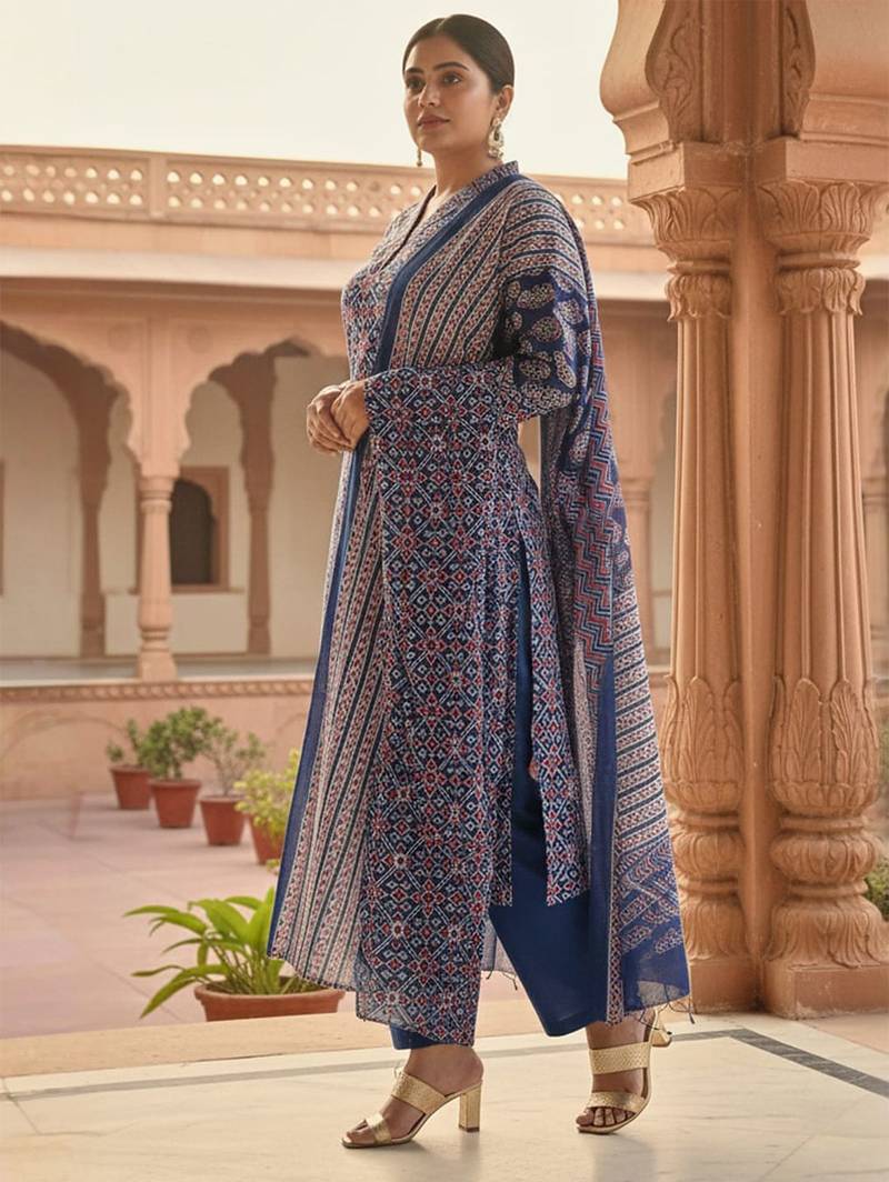 women ethnic motifs printed  cotton straight kurta with trousers & dupatta