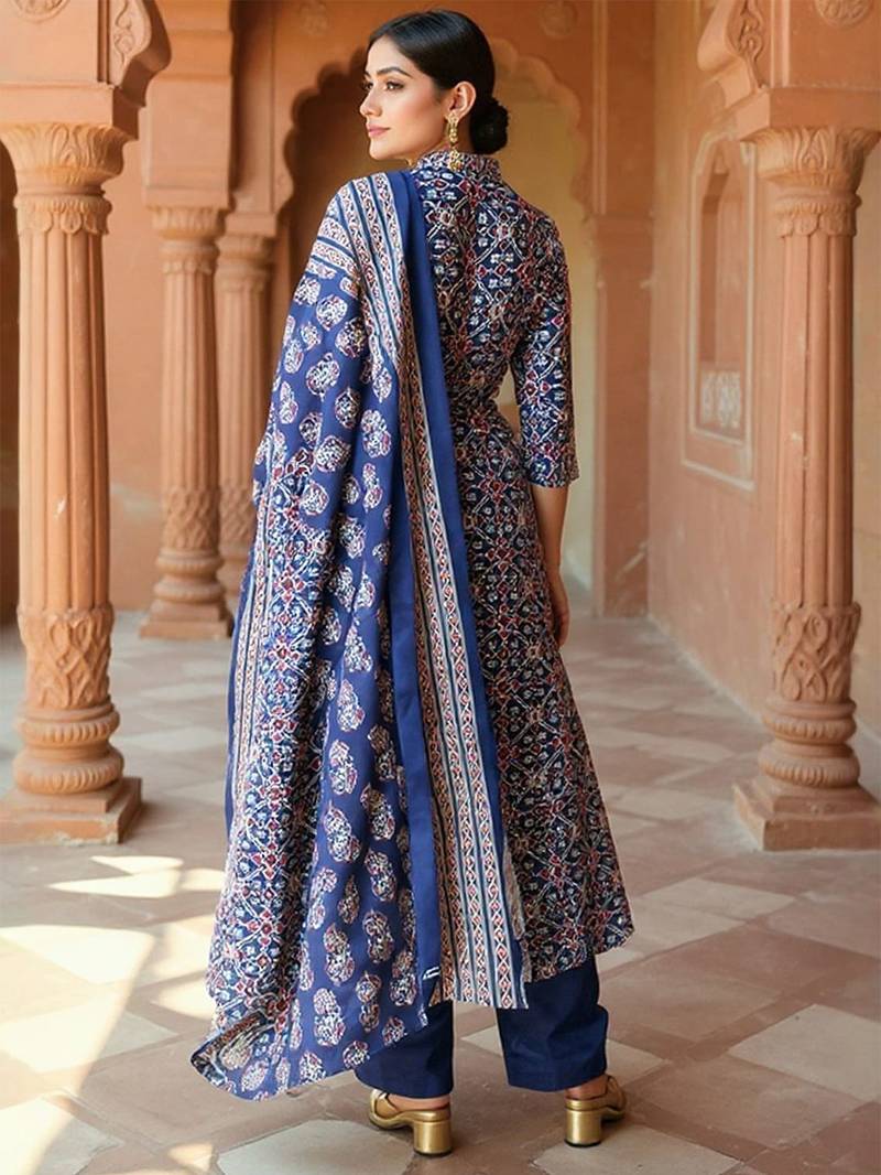 women ethnic motifs printed  cotton straight kurta with trousers & dupatta