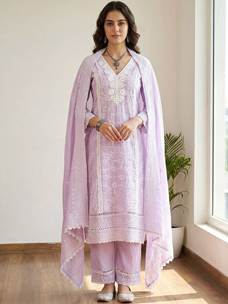 Women Ethnic Motifs Embroidered Regular Thread Work Pure Cotton Kurta with Trousers & With Dupatta