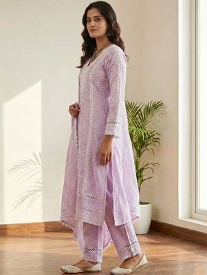 Women Ethnic Motifs Embroidered Regular Thread Work Pure Cotton Kurta with Trousers & With Dupatta 4