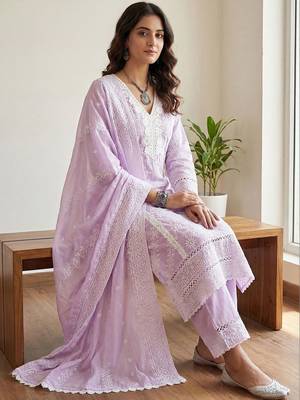 Women Ethnic Motifs Embroidered Regular Thread Work Pure Cotton Kurta with Trousers & With Dupatta 7