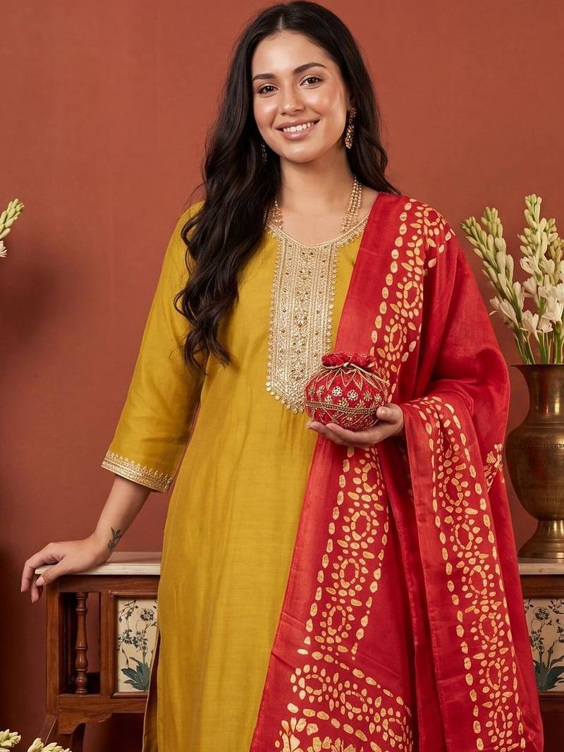Women Ethnic Motifs Embroidered Regular Thread Work Kurta with Trousers & With Dupatta