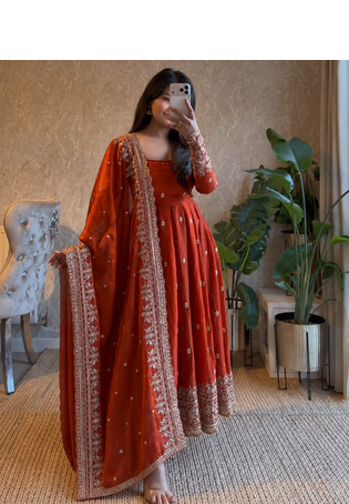 orange color sequin embroidery silk blend gown set 1