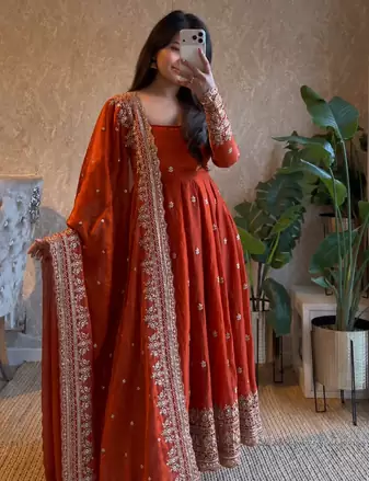 orange color sequin embroidery silk blend gown set
