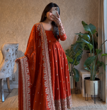 orange color sequin embroidery silk blend gown set