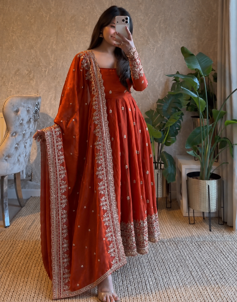 orange color sequin embroidery silk blend gown set