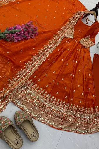 orange color sequin embroidery silk blend gown set