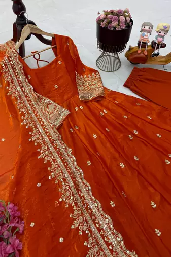 orange color sequin embroidery silk blend gown set