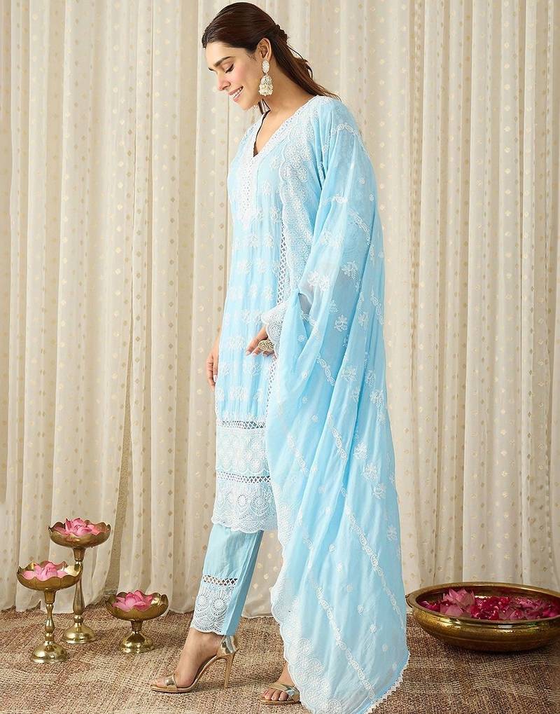 Women Ethnic Motifs Embroidered Regular Chikankari Pure Cotton Kurta with Trousers & With Dupatta