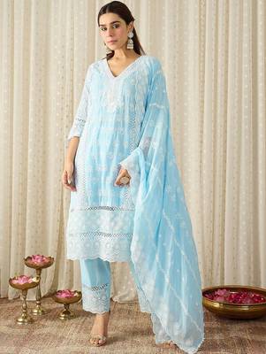 Women Ethnic Motifs Embroidered Regular Chikankari Pure Cotton Kurta with Trousers & With Dupatta 4